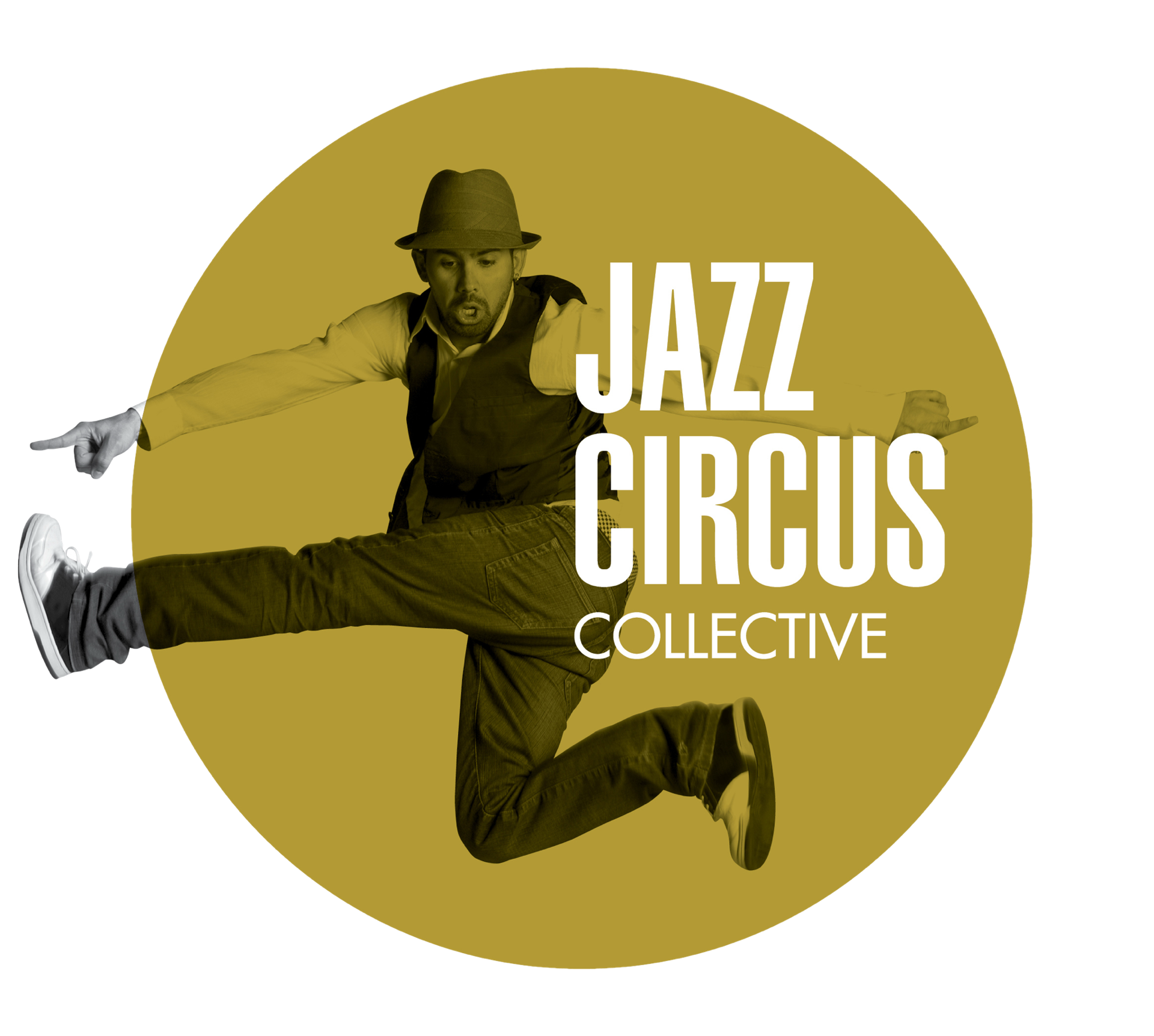 Persoon in sprongpose met hoed en wijzende vinger, op een gele cirkel met de tekst "Jazz Circus Collective".